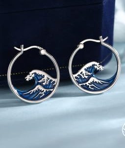 The Great Wave Sterling Silver Hoop Earrings, Large Statement Hoops with Hand Applied Enamel, Wave Earrings, Ocean Earrings