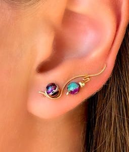 Ocean Jasper Ear Climber Earrings in 14k Gold, Gemstone Statement Jewelry