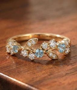 Aquamarine Leaf Wedding Band, Nature Inspired Floral Cluster Ring for Her – March Birthstone Gift – 14K Gold Moissanite Jewelry