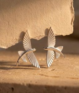 Sculptural Flying Fish Earrings, Silver Ocean Inspired Studs, Artistic Marine Life Jewelry, Nature Inspired Coastal Accessories