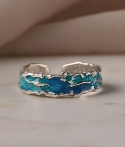 Ocean Wave Ring, Textured Blue Enamel Band, Adjustable Copper Jewelry