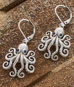 Octopus Earrings, Marine Life Jewelry, Surgical Steel Leverback Hooks