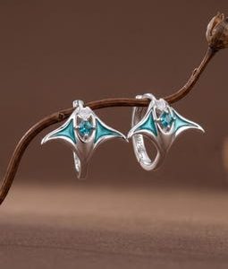 Manta Ray Huggie Hoop Earrings, S925 Sterling Silver, Stingray Ocean Earrings, Cute Fish Animal Jewelry, Beach Sea Creature Gift for Her