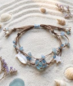 Ocean Star Aquamarine Macrame Bracelet; Natural Mother of Pearl Fish Starfish; Handwoven Beach Jewelry; Adjustable Serenity Gift for Her