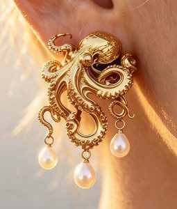 Vintage Gold Octopus Pearl Dangle Earrings, Ocean Statement Jewelry, Mermaid Gift for Her, Coastal Earrings, Birthday Back to School Gift