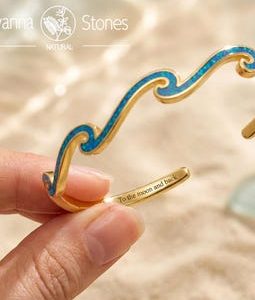 Personalized Engraved Opal Wave Cuff Bangle – Blue Synthetic Opal Bracelet
