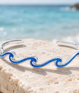 Blue Opal Wave Cuff Bracelet, Gold & Silver Ocean Wave Bangle, Adjustable Open Cuff, Sparkling Summer Beach Jewelry, Sea Lover Jewelry
