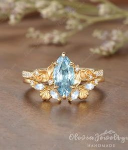 Unique Marquise Aquamarine Mermaid Tail Ring Set Yellow Gold Seashell Moonstone Stacking Ring Ocean Inspired Engagement Ring For Her