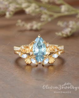 Unique Marquise Aquamarine Mermaid Tail Ring Set Yellow Gold Seashell Moonstone Stacking Ring Ocean Inspired Engagement Ring For Her
